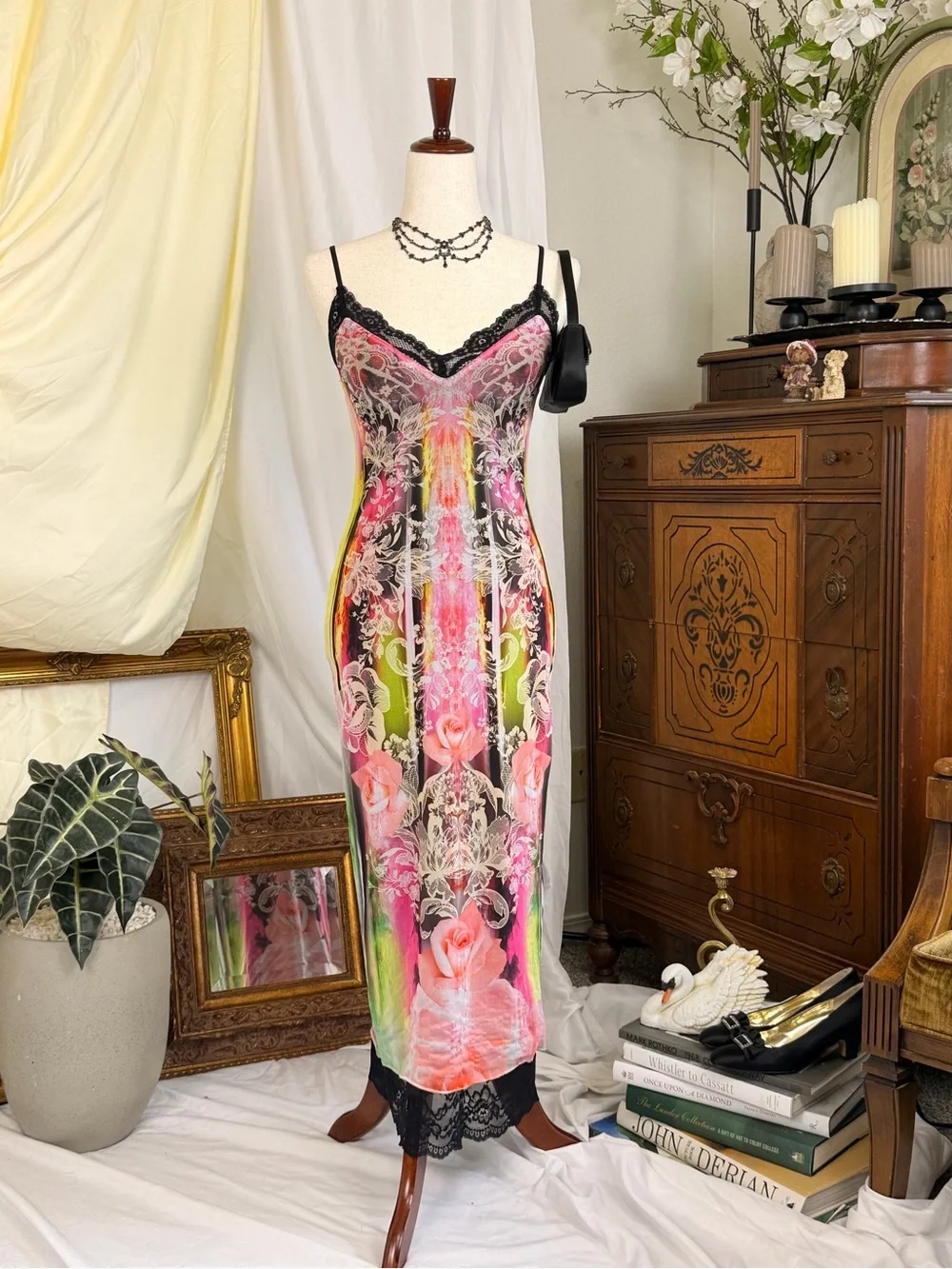 AFRM Revolve Floral Lace-Trim Slip Dress in Multicolor Summer Fairy Grunge Mesh - Picture 2 of 10
